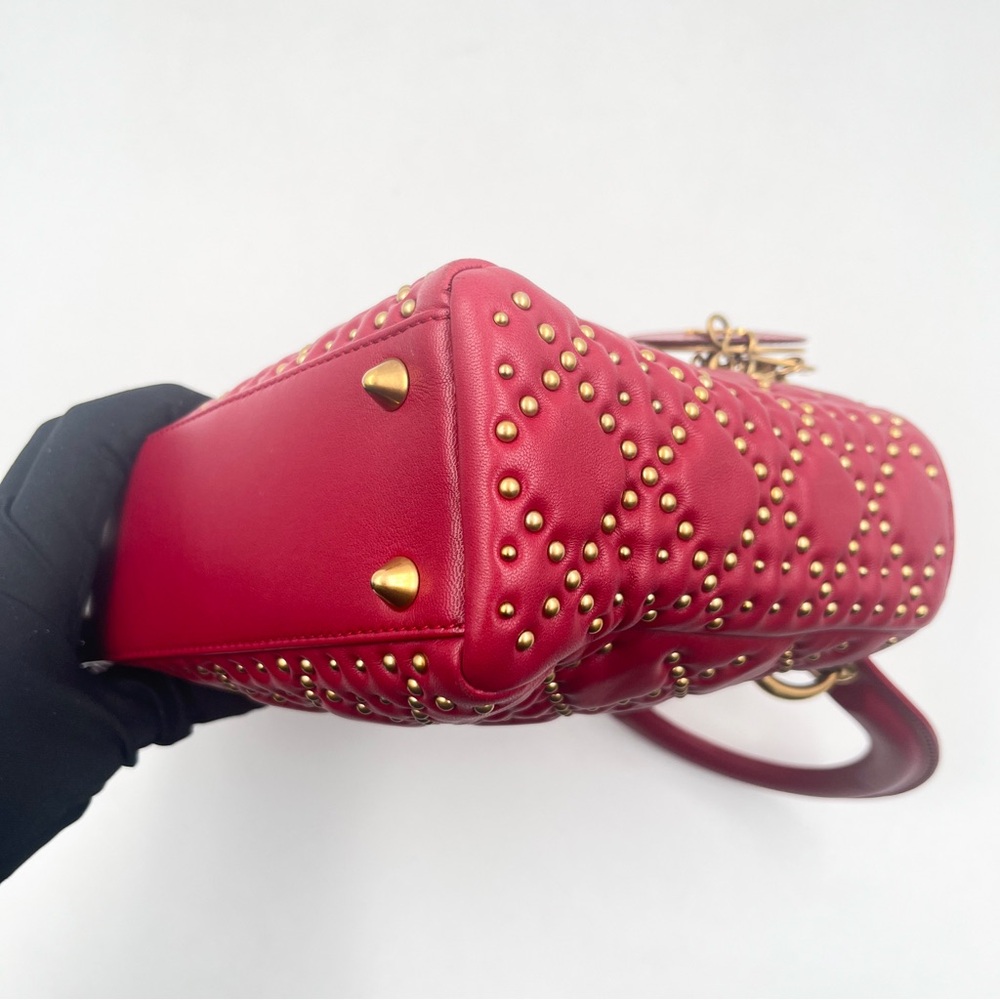 DIOR Lady Dior Medium Bag Red Lambskin with Gold Studs - Picture 10 of 15